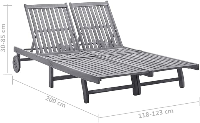 2-Person Sun Lounger with Cushions, Solid Acacia Wood Outdoor Chaise Lounge, Adjustable Backrest & Wheels for Patio - Photo 2