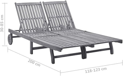 2-Person Grey Acacia Wood Chaise Lounge Outdoor 78.7"x23.6" Sunlounger with Wheels, Adjustable Backrest & Cushions for Patio, Poolside, Garden & Deck