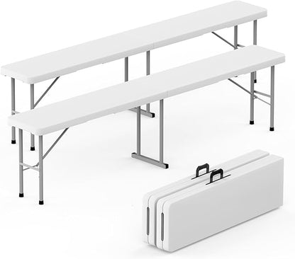 HLPB Folding Bench 6 ft, Foldable Plastic Bench with Handle and Smooth HDPE Tabletop, Protable in/Outdoor Picnic Party Camping Dining Seat, 2 Pack, White