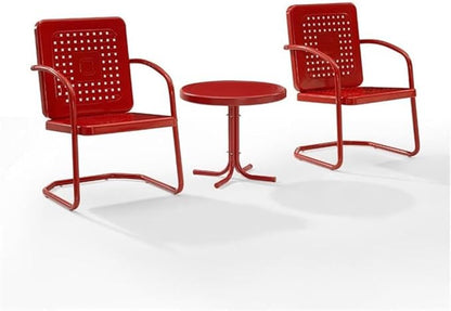 Pemberly Row 3 Piece Metal Outdoor Chair Set, Bright Red Gloss Finish, Retro Patio Furniture, Steel Construction, Cantilever Armchairs with Basket Weave Design, Side Table for Small Outdoor Spaces