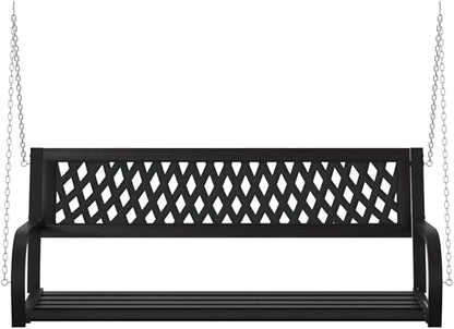 Outdoor Garden Swing Bench for 2 People, Heavy Duty Metal Porch Swing with Hanging Chains, Weather-Resistant Powder-Coated Steel Patio Seating, Black