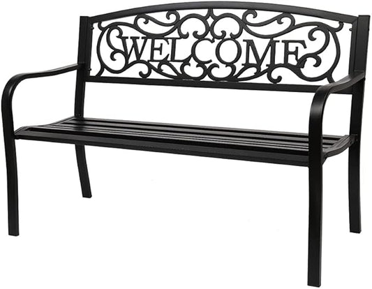 50 Inches Outdoor Garden Bench,Cast Iron Metal Frame Patio Park Bench with Backrest,Arch Legs for Porch,Lawn,Garden,Yard (Welcome Pattern)