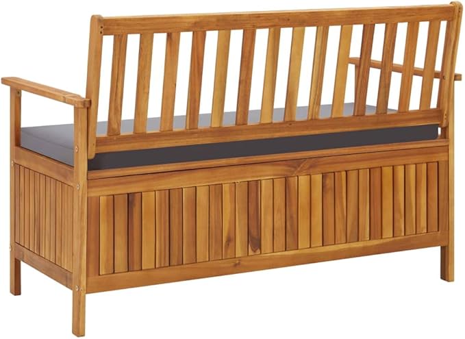 Rustic Solid Acacia Wood Storage Bench with Dark Grey Seat Cushion and Natural Wood Finish for Indoor Outdoor Use, Durable Construction and Comfortable Seating