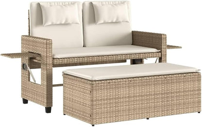 Garden Bench Beige PE Rattan, Powder-Coated Steel, Polyester Medium Patio Bench Outdoor Furniture for Garden Lawn