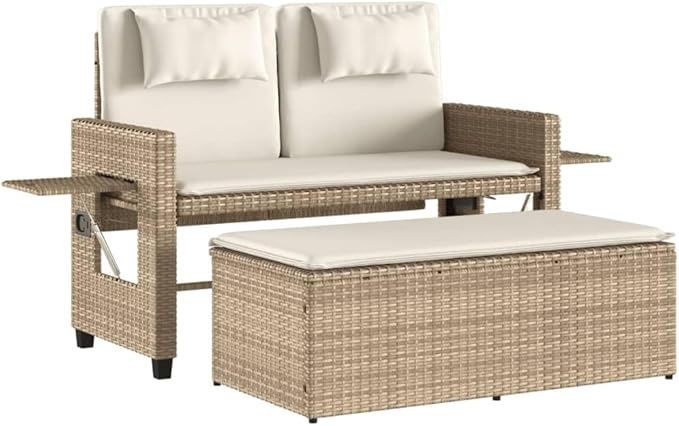 Garden Bench Deck Bench Reclining Patio Bench with Cushions Beige Poly Rattan - Photo 2
