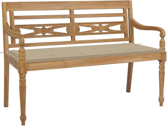 Batavia Bench with Beige Cushion, Outdoor Bench, Wooden Bench with Backrest, Vintage Garden Wooden Bench for Patio, Garden, Yard, Lawn,Easy to Clean, 47.2" Solid Teak Wood