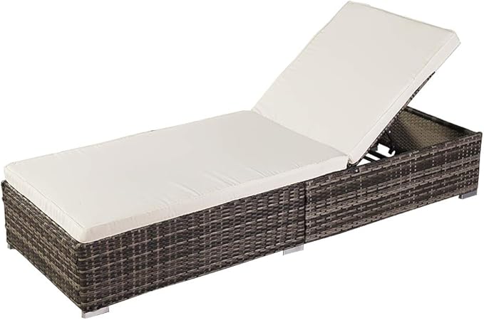 VINGLI Outdoor Chaise lounge with Adjustable Backrest, Patio Beach Poolside PE Wicker Rattan Lounge Chairs with Water Repellent Cushions,Beige & Cream White (Grey)