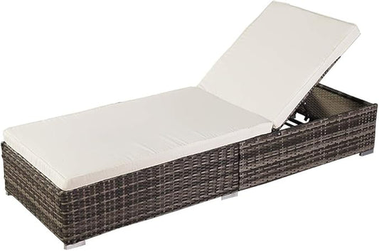 VINGLI Outdoor Chaise lounge with Adjustable Backrest, Patio Beach Poolside PE Wicker Rattan Lounge Chairs with Water Repellent Cushions,Beige & Cream White (Grey)