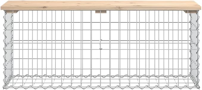 Natural Wood Garden Bench with Galvanized Steel Frame, Solid Pine Wood and Silver Finish Outdoor Seating for Patio, Durable Rustic Gabion Design Bench for Balcony or Garden,