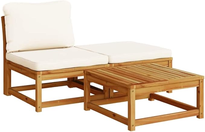 3 Piece Cream White Outdoor Sectional Sofa Set Small Patio Couch & Ottoman Modern Acacia Wood Conversation Furniture for Deck Sunroom and Balcony 28.7 x 24.8 x 25.6 in