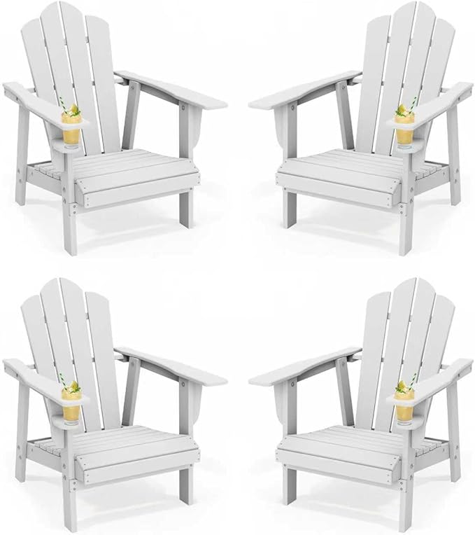PROHIKER Adirondack Chair with Cup Holder, Plastic Patio Chair, All Weather Outdoor Chairs for Fire Pit Lawn Garden Porch Backyard (White, 4 Pack)