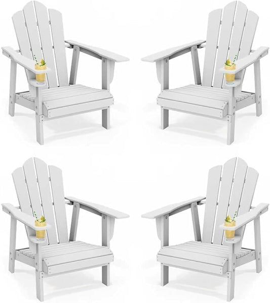 PROHIKER Adirondack Chair with Cup Holder, Plastic Patio Chair, All Weather Outdoor Chairs for Fire Pit Lawn Garden Porch Backyard (White, 4 Pack)