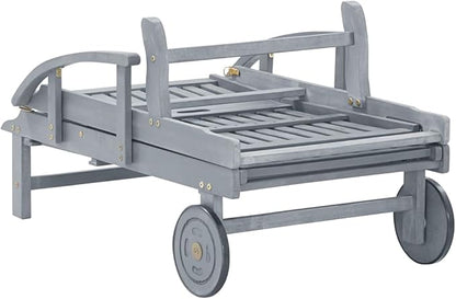 Extra Long Sun Lounger with Adjustable Backrest and Wheels, Solid Acacia Wood Outdoor Chaise Lounge for Garden Patio Poolside, Grey Weathered Finish, Durable and Spacious