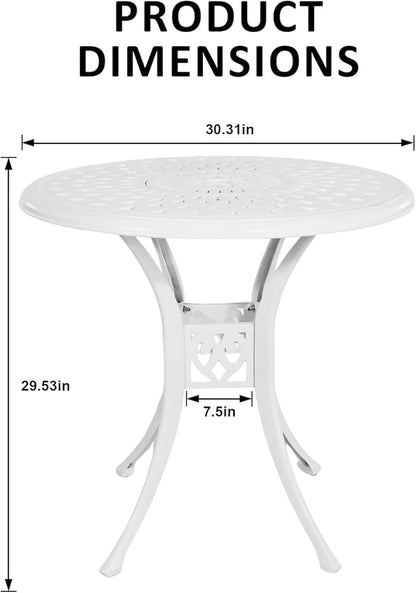 30.7" Cast Aluminum Round Patio Table,Metal Patio Dining Table with Umbrella Hole,All Weather Outdoor Bistro Dining Table for Backyard, Garden, Balcony, White
