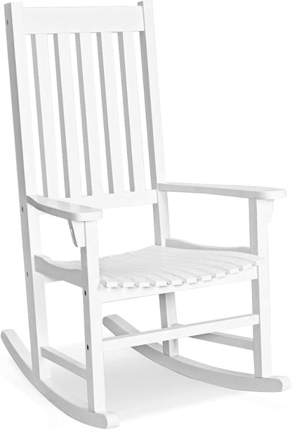 Tangkula Acacia Wood Porch Rocking Chair, Wooden Rocking Chair Rocker with High Back & Armrest for Indoor Outdoor Use, Patio Rocker for Garden Lawn Balcony Backyard Poolside (1, White)