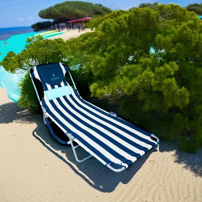 Ostrich the Ladies Comfort Lounger with Chest Support, Foldable & Portable Reclining Outdoor Patio Beach Lawn Camping Pool Tanning Chair, Blue Stripe