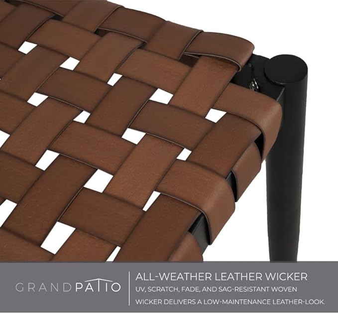 Grand patio Bench, 2-Seat Leather-Look Wicker Bench with Tapered Legs, Outdoor Bench for Small Front Porch Entryway