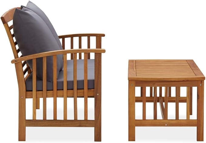 Dark Grey Solid Acacia Wood Garden Lounge Set with Oil Finish - 2-Piece Outdoor Patio Furniture Set Including Wooden Bench and Table