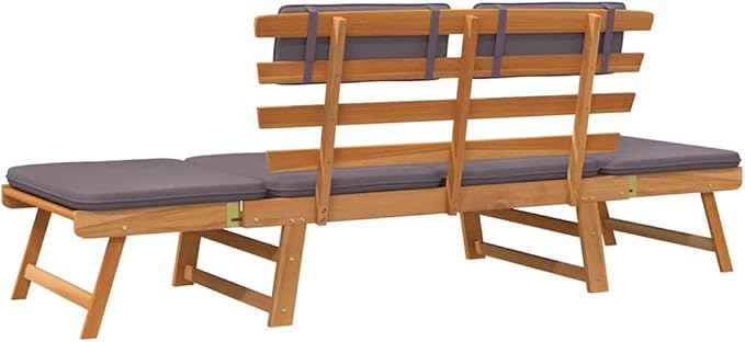 Outdoor Sun Bed with Brown Frame and Dark Grey Cushion, Solid Acacia Wood Daybed for Patio and Garden - Photo 9