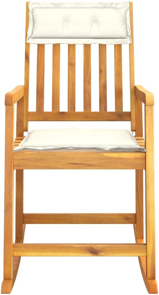 Solid Acacia Wood Rocking Chair with Soft Cushions, Indoor Outdoor Patio Rocker for Living Room, Garden, Porch, Ergonomic Comfort Cream White