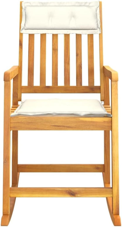 Solid Acacia Wood Rocking Chair with Soft Cushions, Indoor Outdoor Patio Rocker for Living Room, Garden, Porch, Ergonomic Comfort Cream White