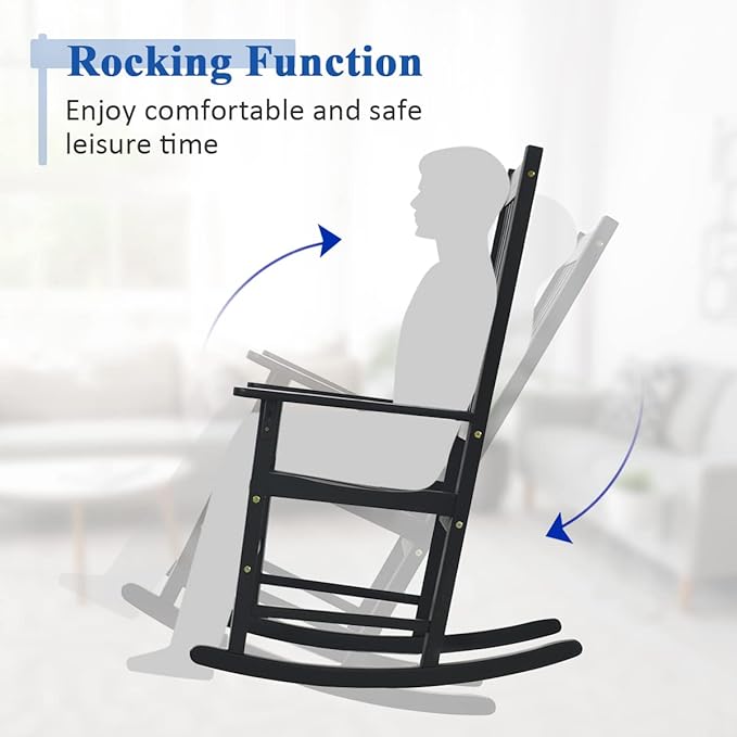 Tangkula Acacia Wood Porch Rocking Chair Set, Wooden Rocking Chair Rocker with High Back & Armrest for Indoor Outdoor Use, Patio Rocker for Garden Lawn Balcony Backyard Poolside (2, Black)