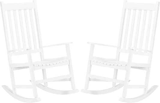VINGLI 2PCS Wood Rocking Chairs Relaxing Rocker Real Wood High Back Seat for Deck, Garden, Backyard, Porch, Indoor or Outdoor Use, White