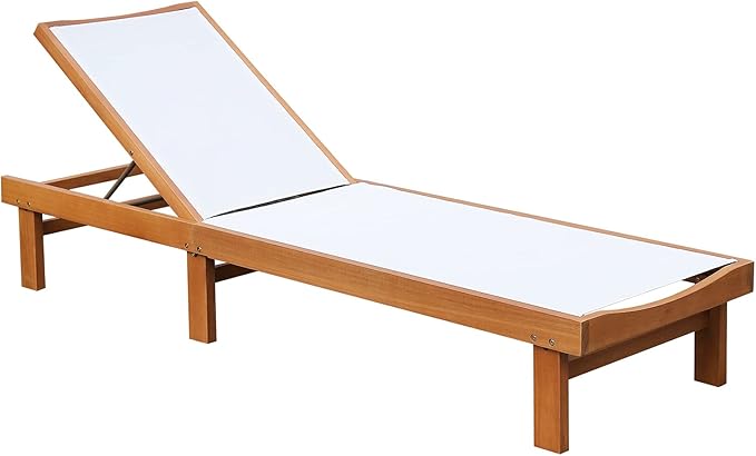 Tangkula Outdoor Wood Chaise Lounge Chair, Patio Chaise Lounger with 5 Position Adjustable Back, Eucalyptus Wood Reclining Lounge Chair with Breathable Fabric for Poolside Lawn Backyard (1, White)