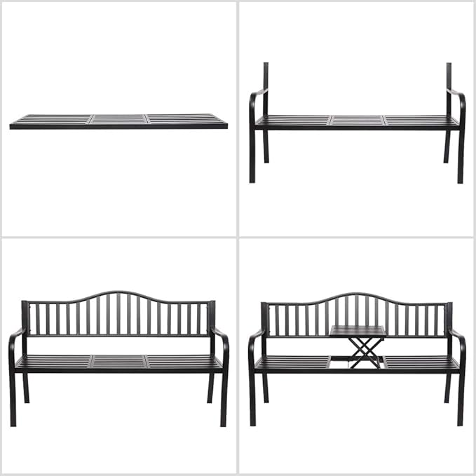 VINGLI 59" Outdoor Metal Bench Patio Bench with Built in Table Park Bench Garden Bench - Photo 6