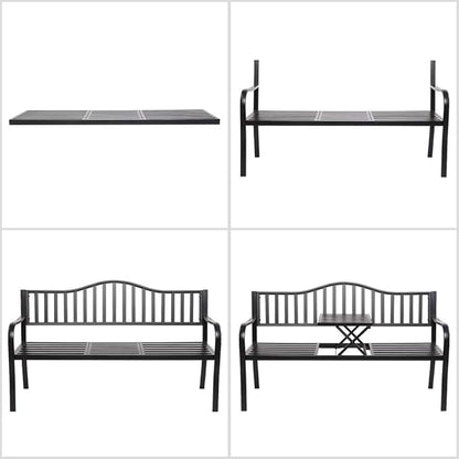 VINGLI 59" Outdoor Metal Bench Patio Bench with Built in Table Park Bench Garden Bench, Outside Benches Weather Proof Front Porch Bench for Yard Lawn Decor Deck
