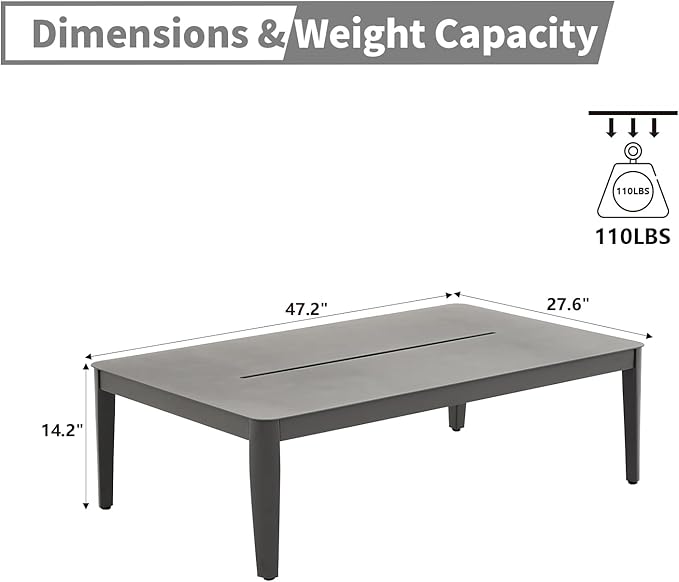 Patio Coffee Table Rectangle Outdoor Coffee Table for Outside All-Weather Aluminum Outdoor Coffee Tables for Balcony Garden Lawn, Grey