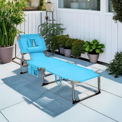 GYMAX Tanning Chair, Folding Beach Lounger with Face Arm Hole, Adjustable Backrest, Side Pocket, Pillow & Carry Handle, Outside Sunbathing Lounge Chair for Patio, Poolside, Lawn (1, Turquoise)