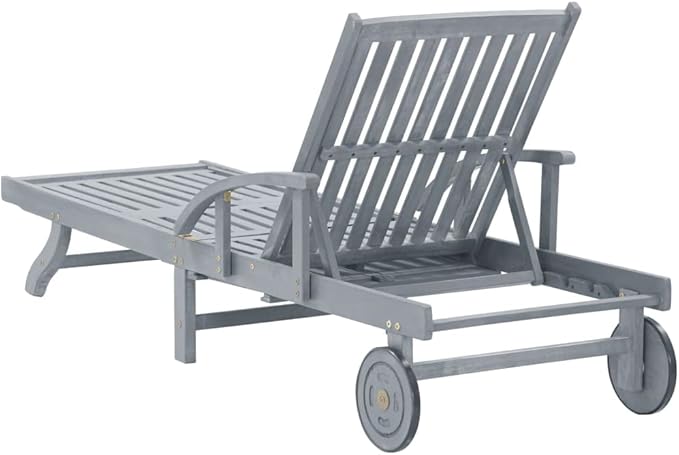 YAFF Adjustable Grey Solid Acacia Wood Sunlounger – Large Outdoor Chaise Lounge with Armrests & Wheels for Patio and - Photo 6