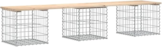 Solid Wood Pine Patio Bench with Gabion Basket Design 79.9 Inch Outdoor Garden Bench for Backyard, Patio - Rustic Durable Furniture with Sturdy Steel Base, Compact Space-Saving Seating Solution