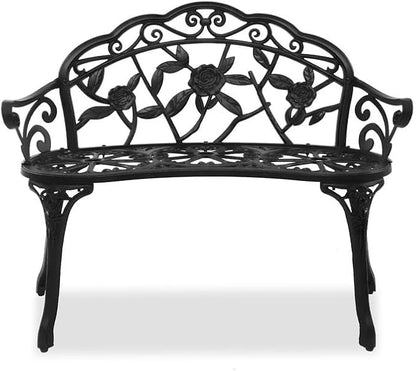 NOLLAM Outdoor Bench 38.5 inch Patio Outdoor Garden Bench Cast Aluminum Metal Loveseat Chairs Antique Finish Park Chair Courtyard Decoration Accent Seat Furniture for Park Yard Porch,Lawn Balcony, 1