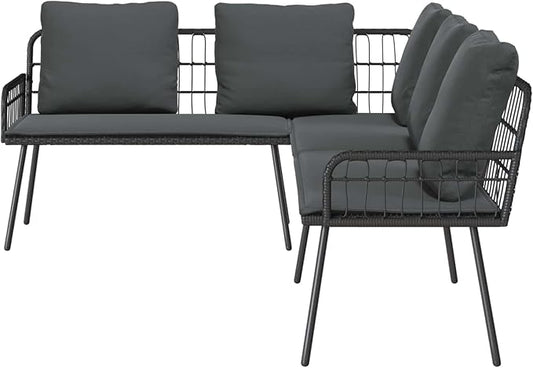 Modern Garden Sofa with Cushion Gray 61.5 x 123 x 82cm Metal Frame, L-Shaped Outdoor Patio Furniture, Steel Framework with Poly Rattan Armrests, Single Bench Cushion