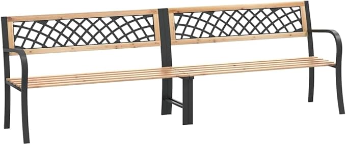 Twin Garden Bench 93.7" Wide Natural Chinese Fir Wood & Black Steel Outdoor Seating for Patio Balcony Porch, Long Rectangular Park Style Loveseat, Brown