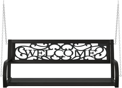 Garden Swing Bench Black Steel, Durable Plastic Hanging Mount, Weatherproof Outdoor Seating for Patio, Front Porch, Terrace, 2-Person Capacity