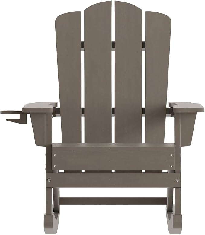 Flash Furniture Newport Adirondack Rocking Chairs with Cup Holder, Weather Resistant Poly Resin Adirondack Rocking Chairs, Set of 2, Brown