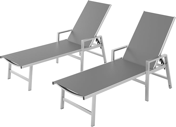 Patio Chaise Lounge Chair Outdoor Set of 2 with Wheels&Armrests, Aluminum Pool Lounge Chairs Five-Position Adjustable Recliner, Outdoor Beach Lounge Chairs for Poolside, Lawn, Deck, Yard, Dark Gray