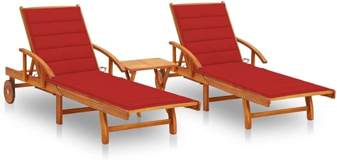 Solid Acacia Wood Sun Loungers 2 pcs with Table and Cushions - Photo 1