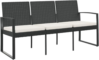 3-Seater Garden Bench with Cushions Black Polypropylene Durable Steel Frame Weather-Resistant Fabric for Patio Balcony Outdoor Seating