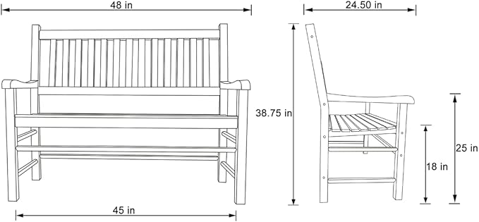 Shine Company Eden Outdoor Wood Garden Bench for Front Porch, Entryway, 24.5" D x 48" W x 38.75" H, Oak