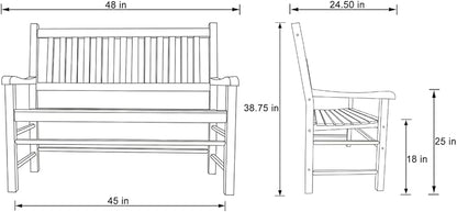 Shine Company Eden Outdoor Wood Garden Bench for Front Porch, Entryway, 24.5" D x 48" W x 38.75" H, Oak