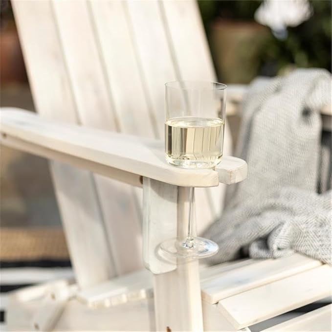 Pemberly Row Outdoor Acacia Wood Adirondack Chair, White Wash Finish, 38 x 22 x 29 in, Classic Design with Wine Glass Holder, Durable Patio Seating for Backyard, Deck, or Garden