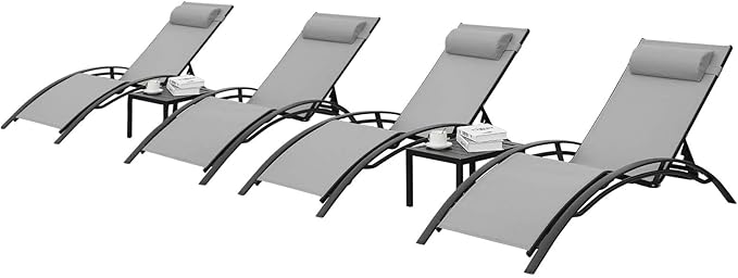 AthLike 3 pcs Poolchairs Patio Chaise Lounge Set with Headrest, 5-Level Adjustable Sunbathing Tanning Poolside Recliner Chairs with Side Table for Outdoor Beach (Grey)