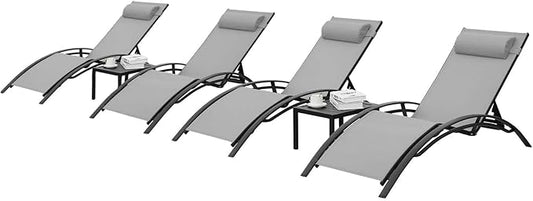 AthLike 3 pcs Poolchairs Patio Chaise Lounge Set with Headrest, 5-Level Adjustable Sunbathing Tanning Poolside Recliner Chairs with Side Table for Outdoor Beach (Grey)