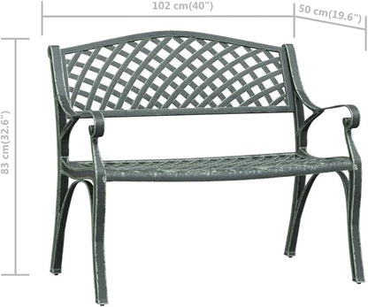 Vintage Green Garden Bench Cast Aluminum and Cast Iron Outdoor Seating with Floral Design for Patio Balcony Relaxation Durable Comfortable