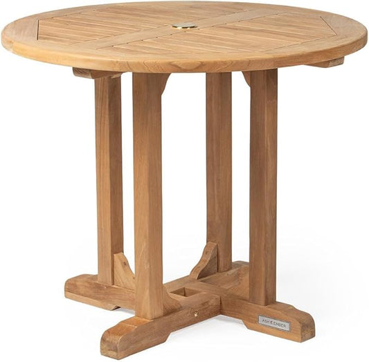 Ash & Ember Luna Grade A Teak Round Dining Table, 35" Teak Wood Table, Weather-Resistant Premium Solid Wood Furniture, Fits Standard Patio Umbrellas, Fits 3 People Comfortably