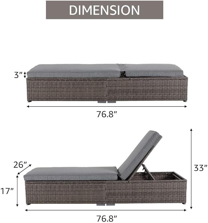 Patiorama Outdoor Patio Chaise Lounge Chair, Elegant Reclining Adjustable Pool Rattan Chaise Lounge Chair with Cushion, Grey PE Wicker, Steel Frame,Light Grey, Set of 2